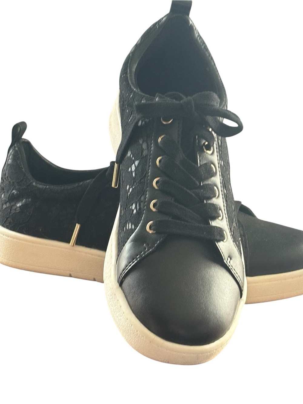 White House Black Market Black Lace-Accent Sneakers with Cream Sole